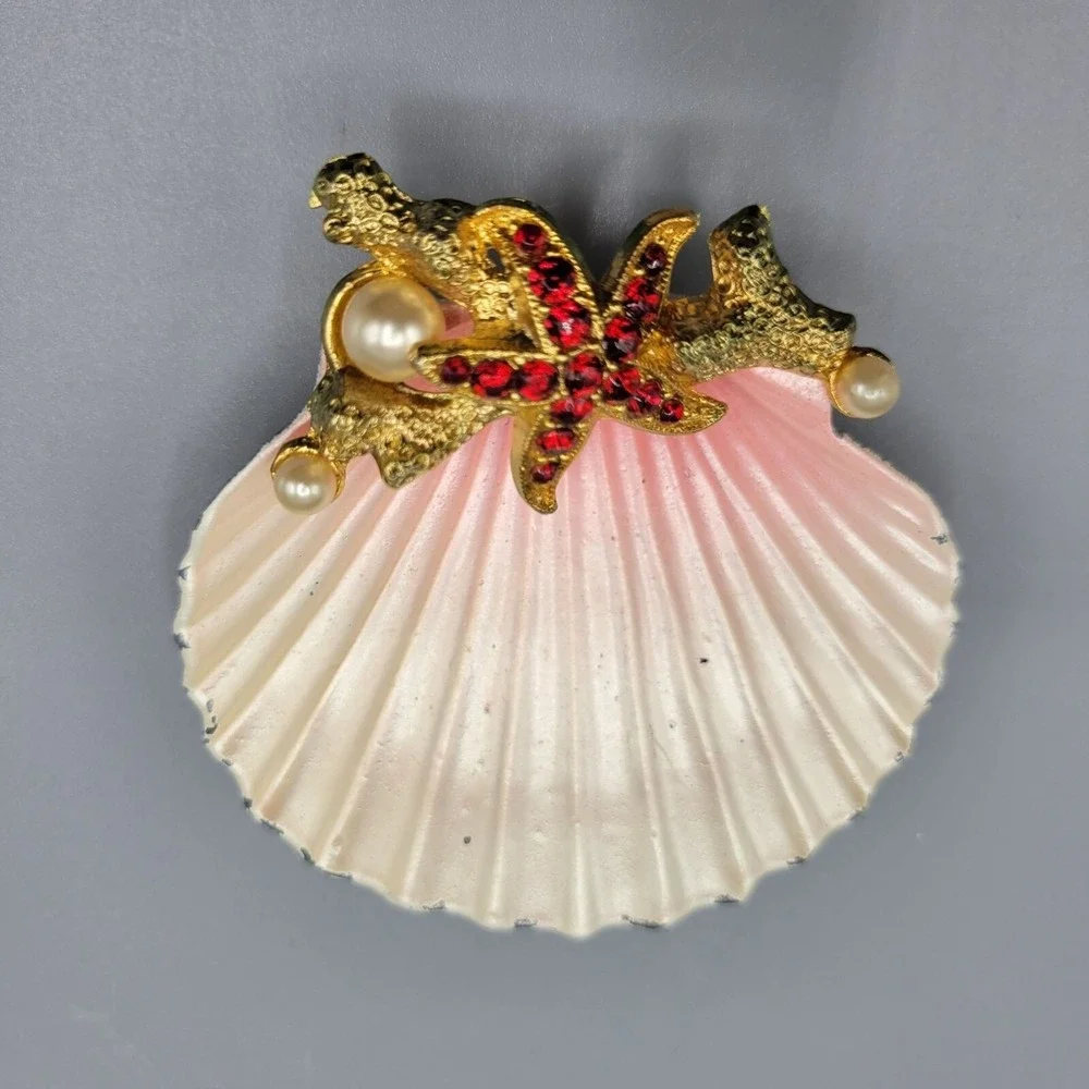 Vintage Decorative Pink & Gold Shell Trinket Dish With Pearl & Starfish Accent